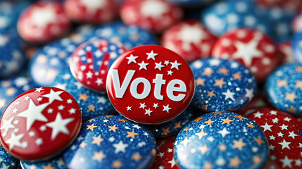 Close-up of red, white, and blue pinback buttons with the word "Vote" on them