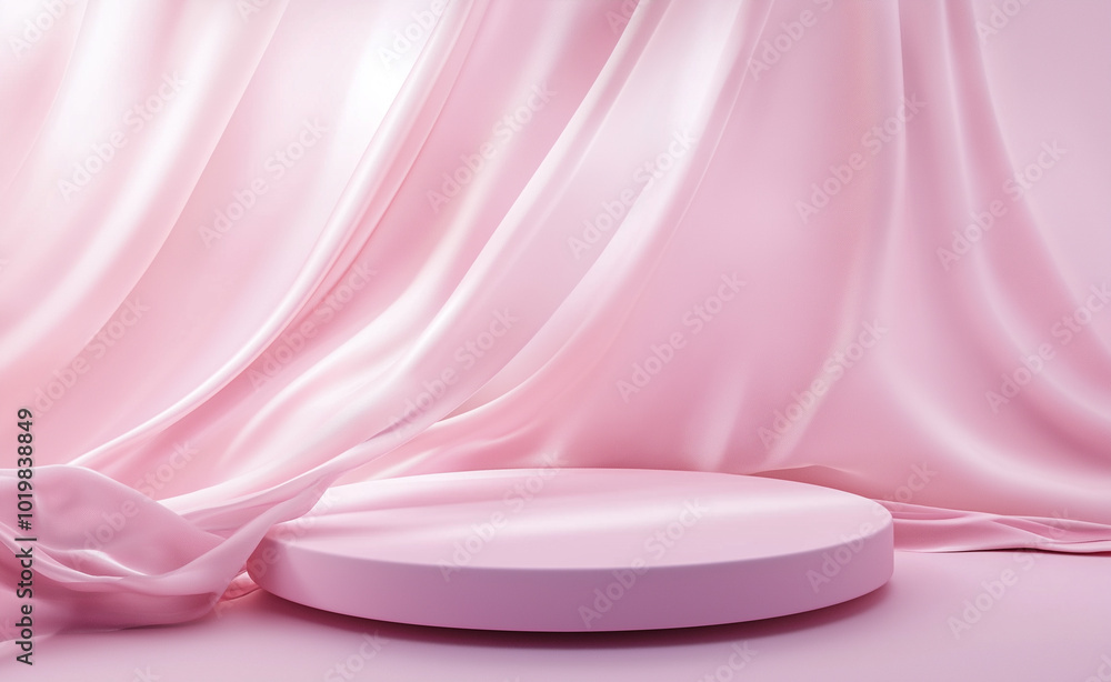 Poster a soft pink fabric backdrop with a minimalist circular podium for product display.