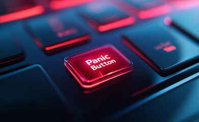 A glowing red panic button on a dark keyboard, symbolizing emergency or urgency.