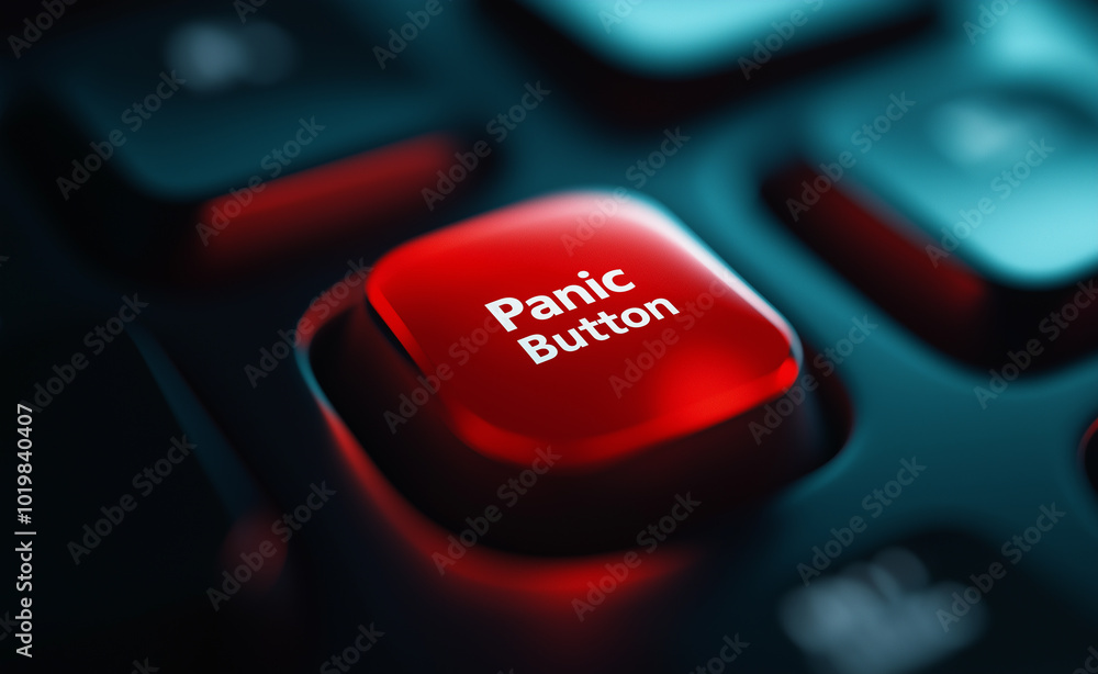 Poster a glowing red panic button on a dark keyboard, symbolizing emergency or urgency.