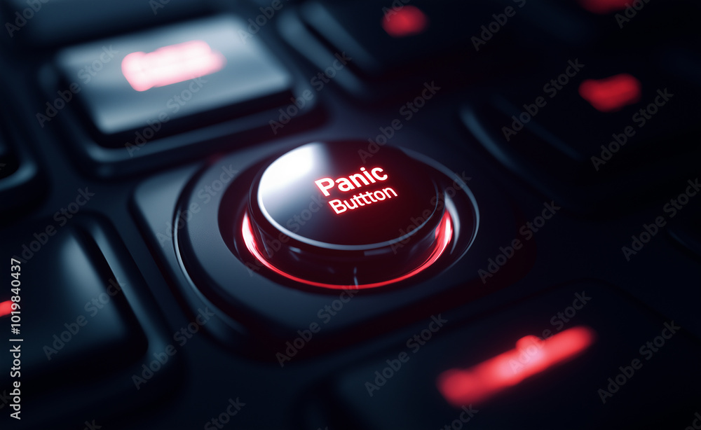 Poster a glowing red panic button on a dark keyboard, symbolizing emergency or urgency.