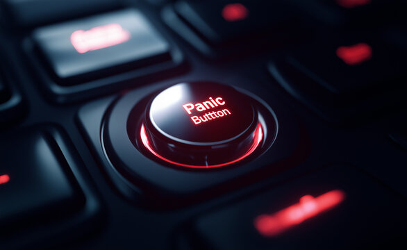 A glowing red panic button on a dark keyboard, symbolizing emergency or urgency.