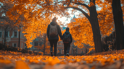 parent and elementary school student walk hand-in-hand, symbolizing love and support. The warm sunlight casts a gentle glow, highlighting their bond and the journey of learning and growth ahead