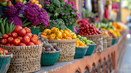 Colorful Baskets of Fresh Produce at Market Stall Photo