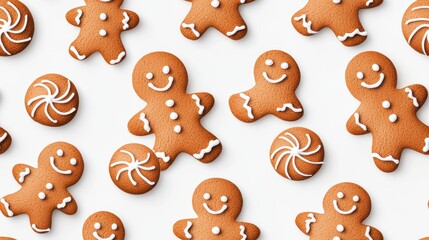 Gingerbread cookies, fun shapes, white isolate background,Seamless pattern