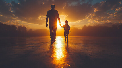 parent and elementary school student walk hand-in-hand, symbolizing love and support. The warm sunlight casts a gentle glow, highlighting their bond and the journey of learning and growth ahead