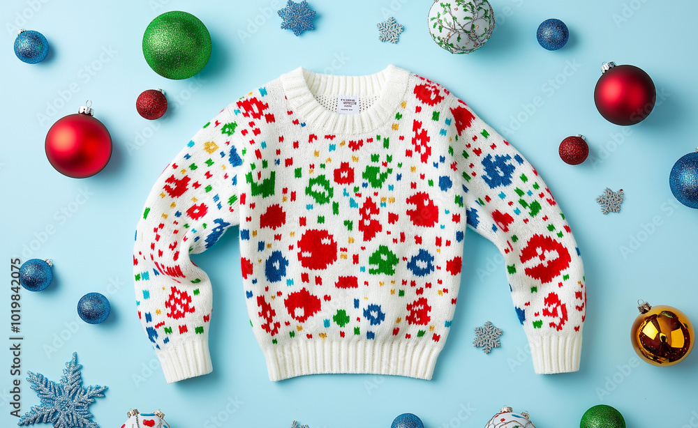 Wall mural festive christmas sweater with colorful decorations on a blue background