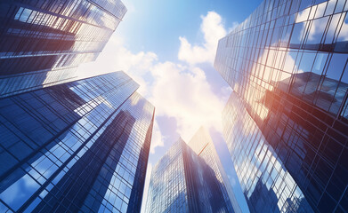 Low-angle view of modern glass skyscrapers with sunlight and clouds