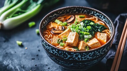 A vibrant bowl of spicy miso ramen with tofu, bok choy, mushrooms, and green onions, served in a ceramic bowl with chopsticks on the side
