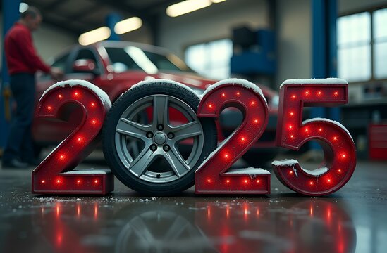 Numbers "2025" in the background is a figure of auto mechanic in a car repair shop