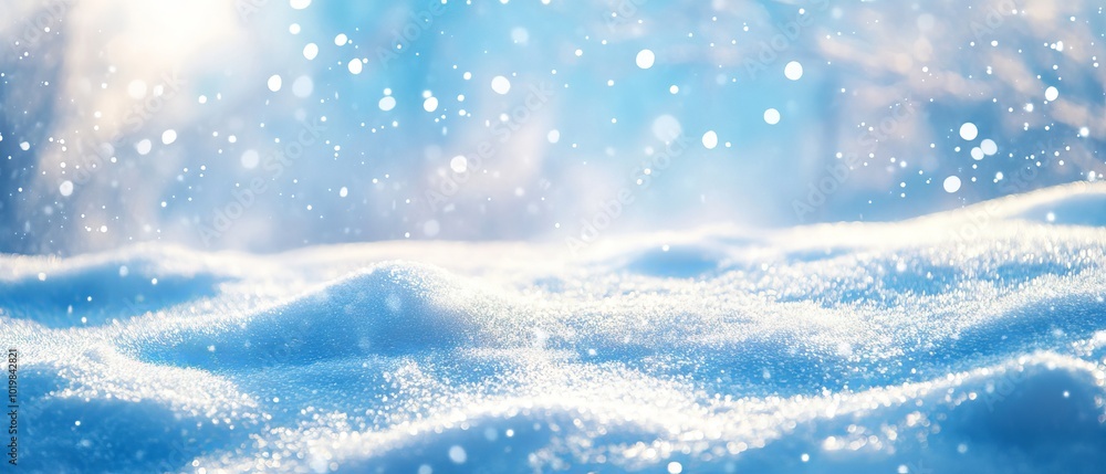 Poster serene winter snow background with snowdrifts and sparkling snowflakes against a blue sky, featuring