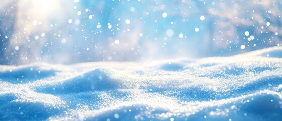 Serene winter snow background with snowdrifts and sparkling snowflakes against a blue sky, featuring beautiful bokeh circles and ample copy space in banner format