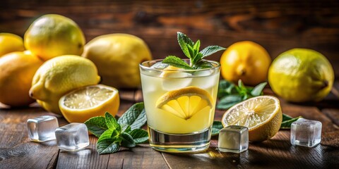 Refreshing glass of Limoncello liquor with fresh lemons and ice cube , Limoncello, liquor, drink, glass, lemons