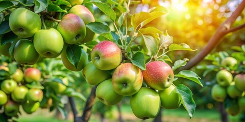 Flamberry apple tree with ripe green apples in garden, also known as San Peter apples, flamberry, apple tree, ripe, green