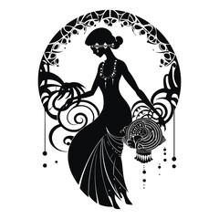 Art nouveau style black and white womans figure silhouette with floral frame, flowing intricate lines, flowers, leaves, vintage ornaments. Decorative isolated woman silhouette on white background.