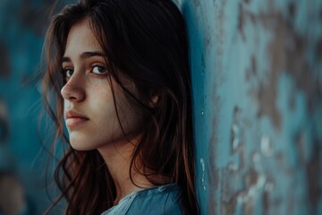 Fototapeta premium A young woman with long dark hair looks pensively away from the camera. She's leaning against a textured blue wall.