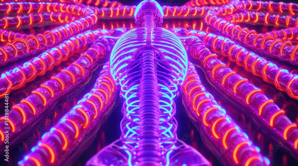 Poster neon body render illuminating the rule of t in vibrant light and anatomy