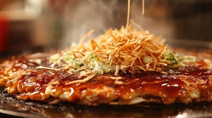 Close-up of okonomiyaki being cooked on a hot grill, with a generous drizzle of sauce and mayonnaise being added, topped with bonito flakes -