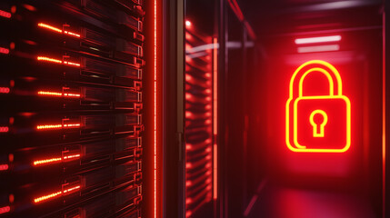 Neon red lock symbol in a futuristic data server room