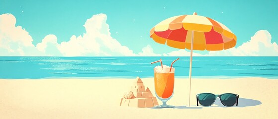 Beach scene with cocktail and umbrella
