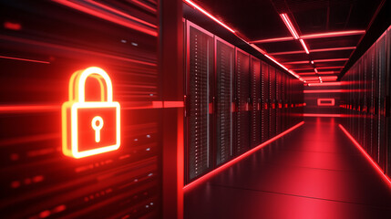 Neon red lock symbol in a futuristic data server room