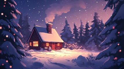 Fototapeta premium Cozy cabin in snowy winter landscape