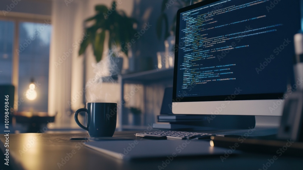 Poster coding workspace with hot coffee
