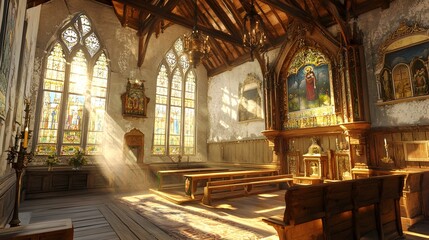 Fototapeta premium Sunlight Streaming Through Stained Glass Windows in an Ornate Gothic Cathedral Interior