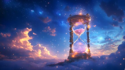 Magical Hourglass Illuminated by Cosmic Celestial Glow in Surreal Dreamlike Atmosphere