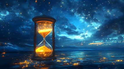 Hourglass Reflecting Illuminated Cosmos and Seascape at Dusk