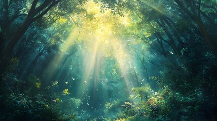 Obraz premium Enchanting Sunrays Shimmering Through Lush Forest Canopy