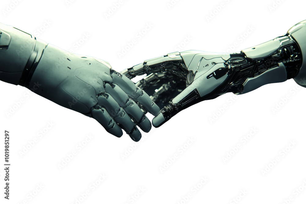 Poster a robotic hand reaching out to connect with a human hand, symbolizing the relationship between human