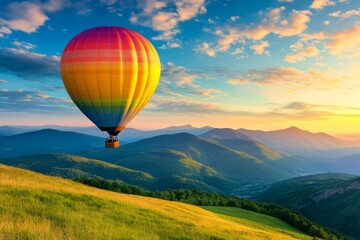 Fototapeta premium Colorful Hot Air Balloon Soaring Over Scenic Mountain Landscape