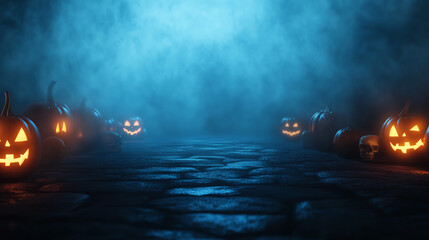 Eerie Halloween scene with glowing pumpkins, fog, and a mysterious atmosphere, perfect for spooky themes and autumn celebrations.