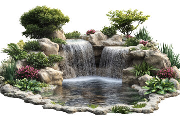 Naklejka premium A serene waterfall landscape featuring lush greenery, colorful flowers, and smooth rocks, creating a peaceful nature scene.