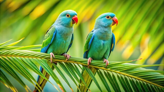 Blue and green lineolated parakeets perched on palm branch with shallow Depth of Field