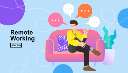 man sitting at their home, room or apartment, Quarantine, stay at home concept, relaxing on sofa. Video conference. Remote work. people with computer. 