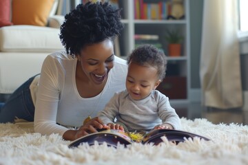A mother and her son enjoy a moment of shared reading on a soft white rug in a warm and inviting living room.