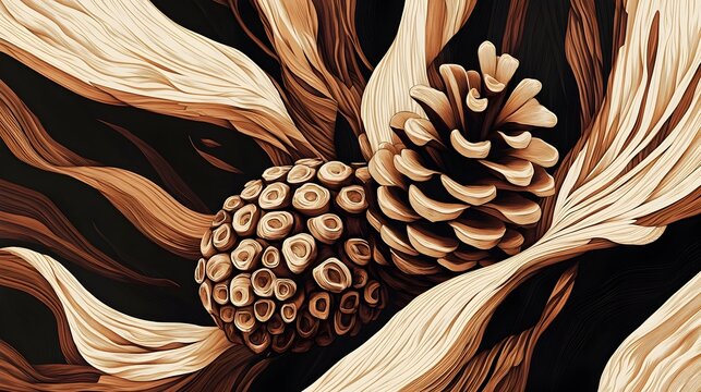 Intricate spiral pattern of a natural pine cone on a dark background showcasing the woody textures and organic forms of this botanical element