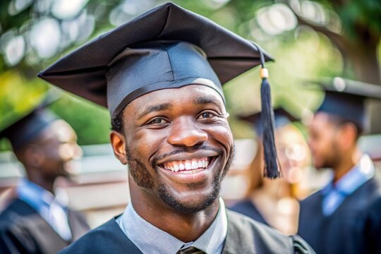 A smiling man wearing a black graduation cap and gown