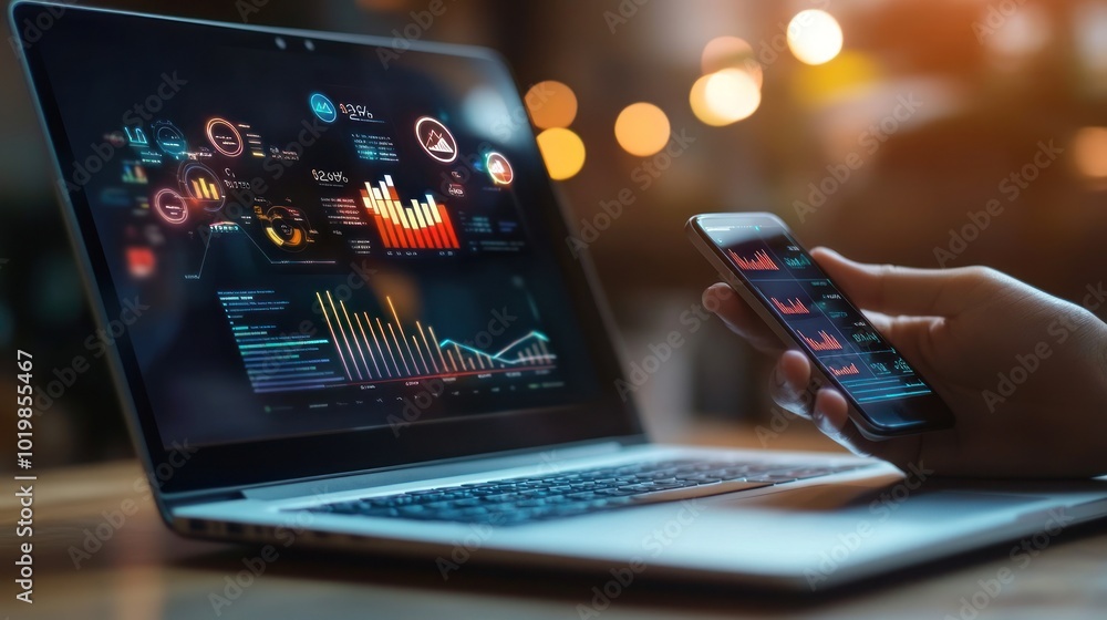 Poster laptop and smartphone displaying charts and graphs