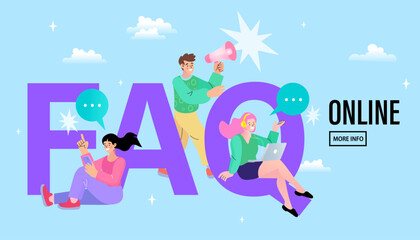 Woman and Man standing near Question. Online Support center. Frequently Asked Questions Concept. Flat Vector Illustration.	
