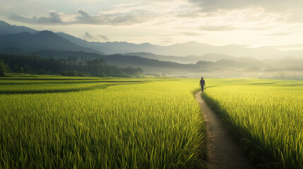 peaceful countryside moment as lone figure walks through lush green rice fields, surrounded by majestic mountains and serene sky. tranquility of nature evokes sense of calm and reflection