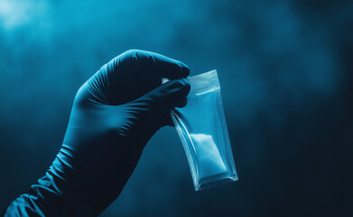 Gloved hand holding a small plastic bag containing white powder in a dimly lit setting.