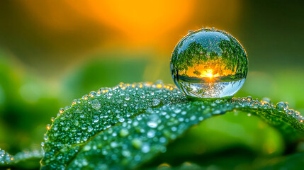 Crystal ball sits on a dew-covered leaf, reflecting the golden glow of the setting sun