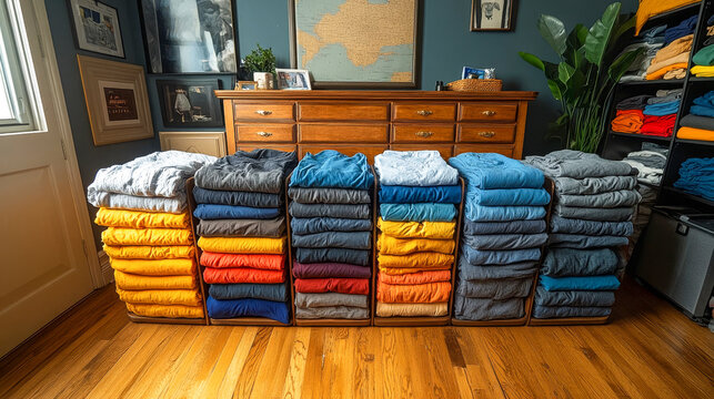 Colorful clothing stacks organized by color in a bedroom, highlighting a minimalist wardrobe organization