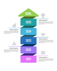 Infographic arrow pointing up contains 5 steps to the goal. Business presentation, Banner, Poster, Plan and Strategy. Vector illustration.