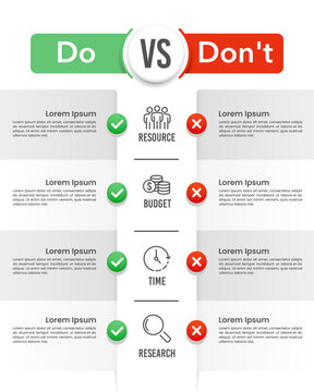 Do's and Don'ts or Pros and Cons. Infographic comparison table. Business presentation, Banner, Poster, VS, Versus and Comparison. Vector illustration.