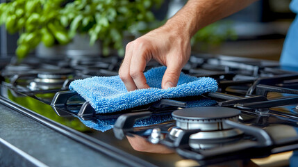 Man meticulously wipes down a contemporary gas stove using a blue microfiber cloth