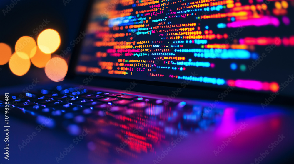 Poster laptop keyboard glowing with colorful code and vibrant bokeh in the background.